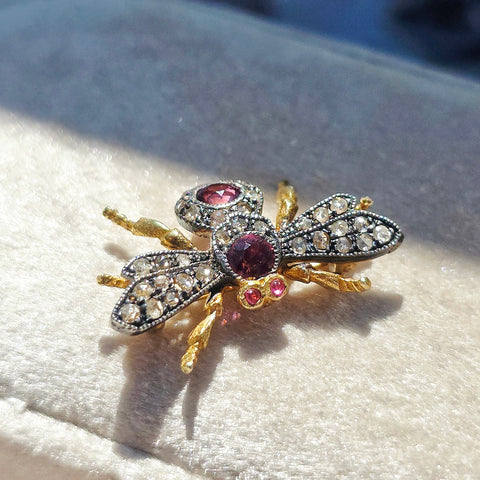 Antique 9k Gold & Silver Diamond and Garnet FLY Brooch | Indulgems