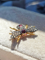 Antique 9k Gold & Silver Diamond and Garnet FLY Brooch | Indulgems