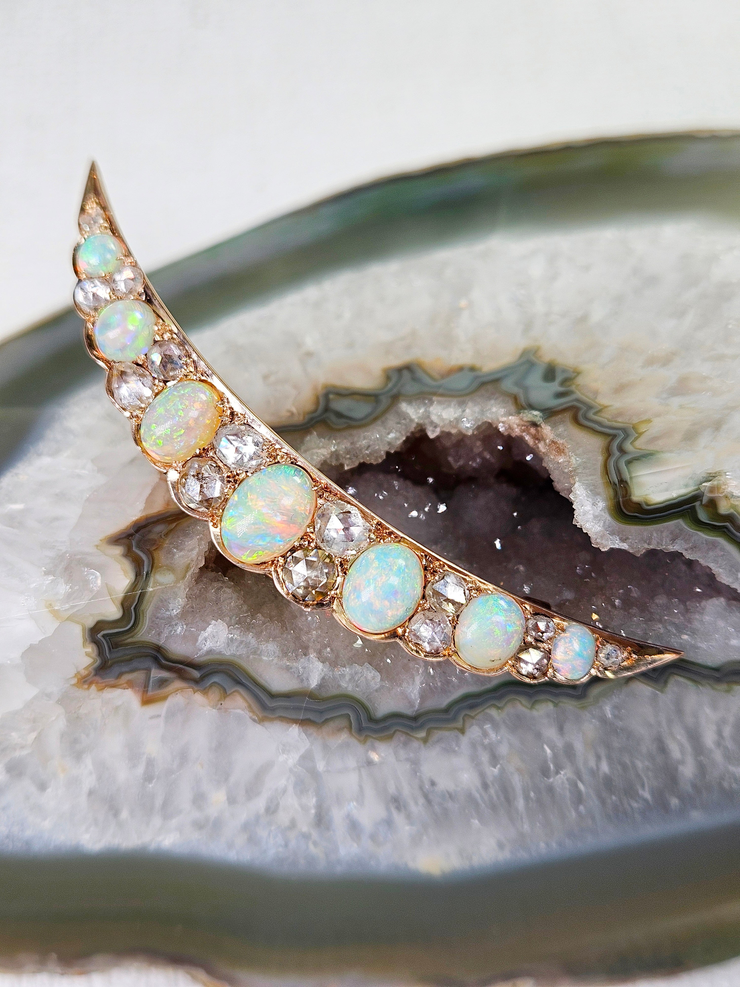 14k Yellow Gold Antique Opal & Rose-cut Diamond Brooch | Indulgems | Antique Jewelry