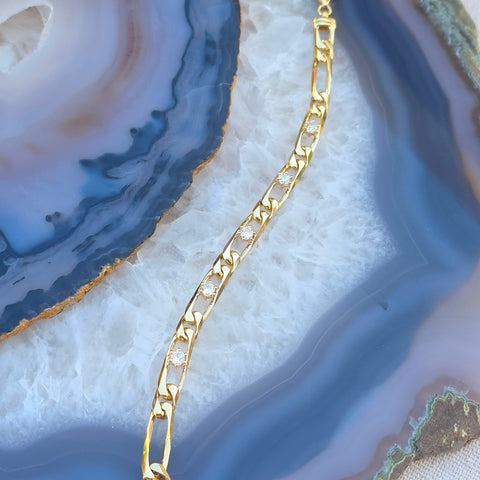 18k Solid Gold French Figaro Link Diamond Bracelet | Indulgems