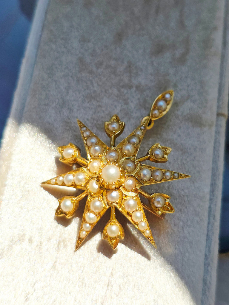 18k Solid Gold Pearl Studded 6 Point Star Pendant Brooch  | Indulgems