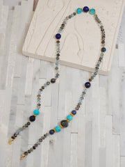 Copper Aquamarine, Lapis, Amazonite, Labradorite and Sunset Dumortierite Multi Gemstone Gold Open Loop Necklace 24"