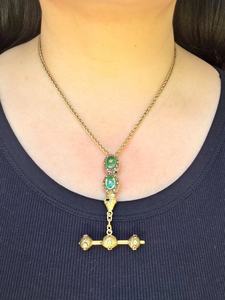 18k Solid Gold Green Enameled Watch Chain Necklace with Ruby Accent | Indulgems | Antique Revival