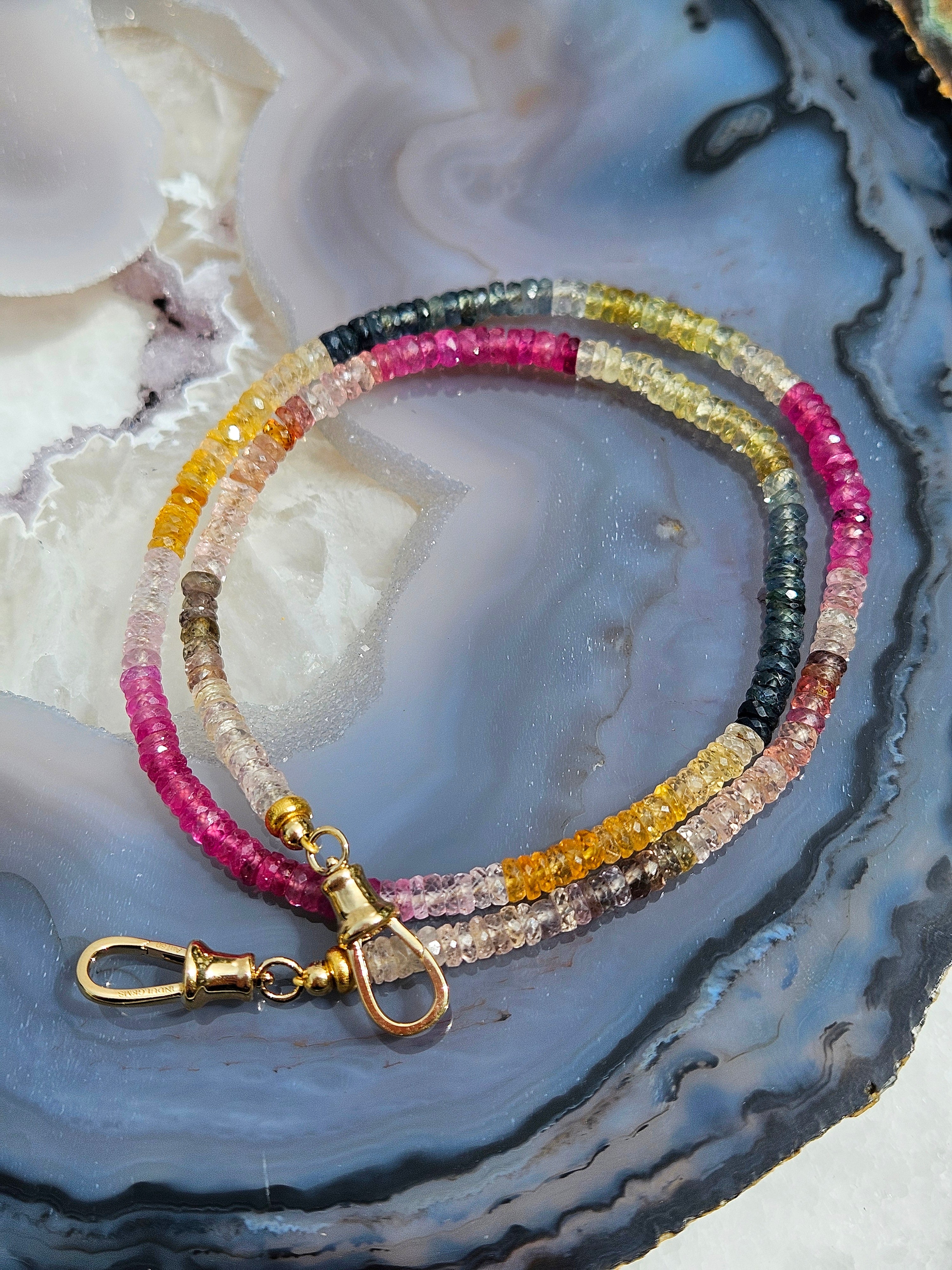 18k Solid Gold Multicolor Sapphire Faceted Gemstone Bead Necklace 17" | Indulgems | Designs in Real Gold