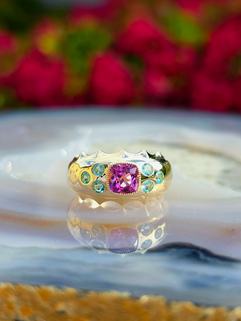 14k Yellow Gold Brazilian Paraiba & Pink Tourmaline Ring Size 7 | Indulgems | Aurora