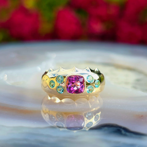 14k Yellow Gold Brazilian Paraiba & Pink Tourmaline Ring Size 7 | Indulgems | Aurora