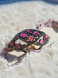 18k Gold & Oxidized Silver Full Finger Articulated Ring with Champaign Diamond Pave and Rose-cut Pink Tourmaline sz 8 | Indulgems