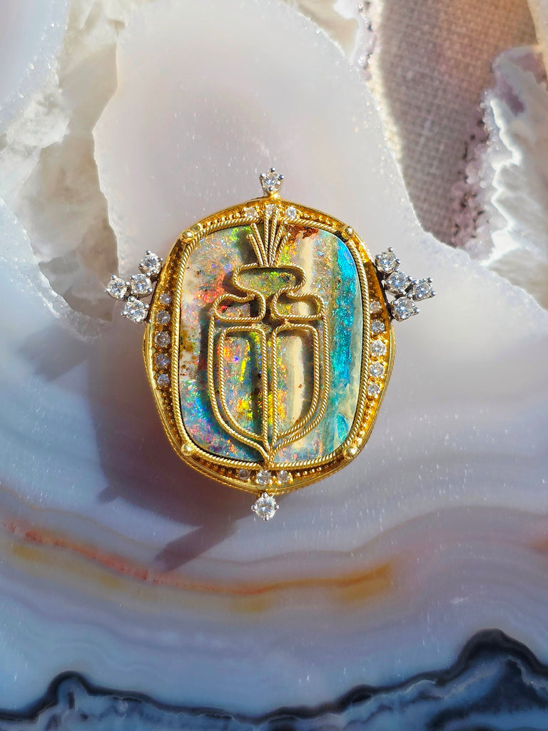 18k Yellow Gold Boulder Opal & Diamond Brooch Pendant with Scarab Beetle Motif | Indulgems