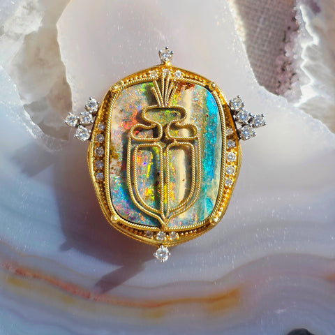 18k Yellow Gold Boulder Opal & Diamond Brooch Pendant with Scarab Beetle Motif | Indulgems