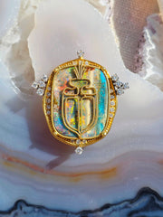 18k Yellow Gold Boulder Opal & Diamond Brooch Pendant with Scarab Beetle Motif | Indulgems