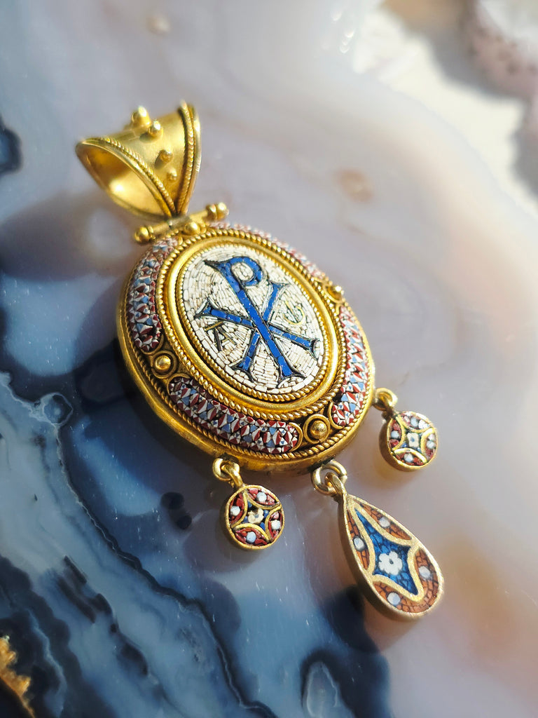 18k Solid Gold Antique Micromosaic Pendant Locket | Indulgems