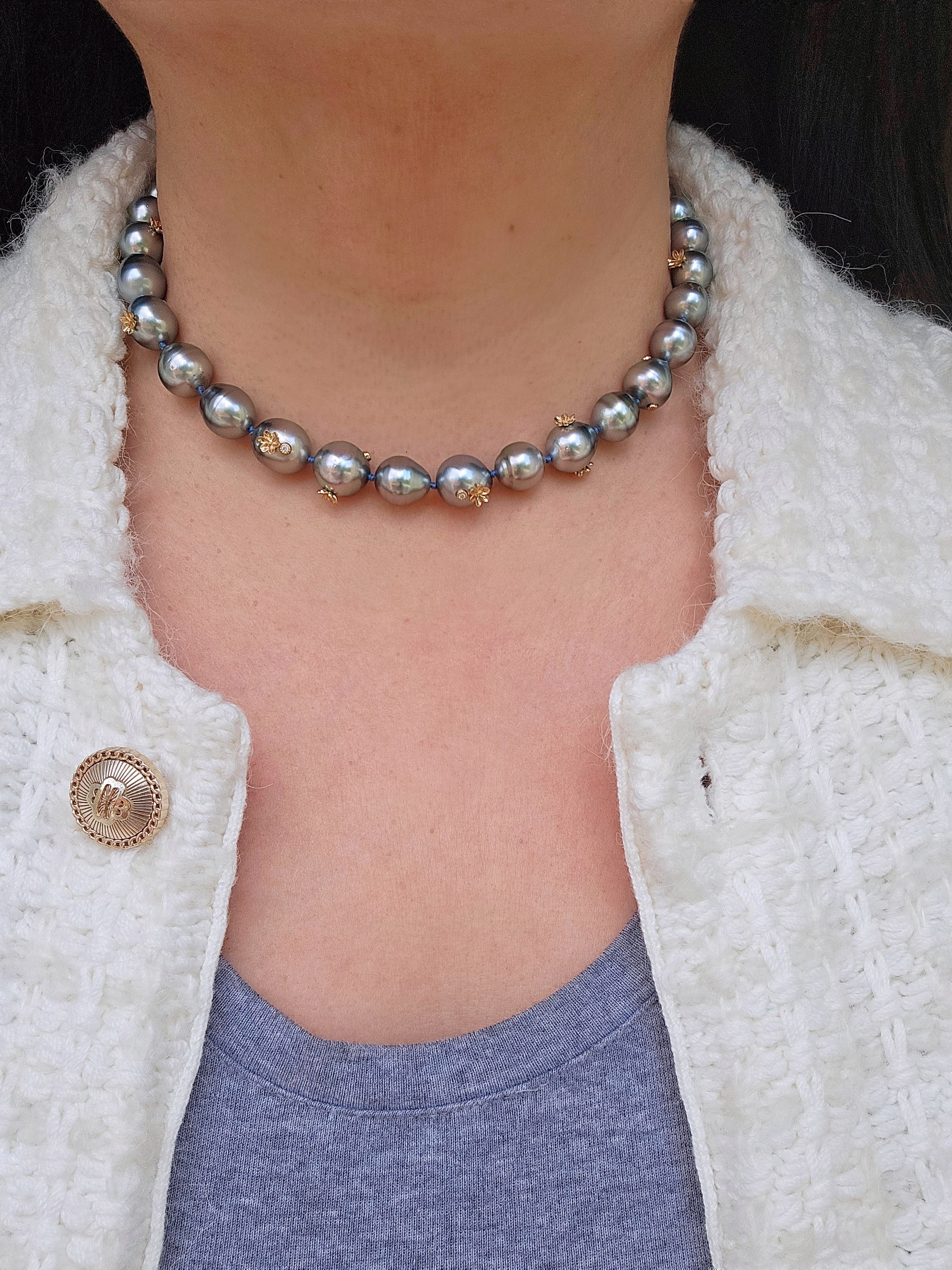 18K Solid Gold Natural Silver Tahitian Pearl Necklace with Small Flowers, Diamonds & Antique inspired Hand Fist Clasp 18"