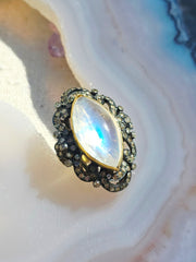 18k Gold & Sterling Silver Rainbow Moonstone Marquise Cabochon with Champaign Diamond Ring | Indulgems