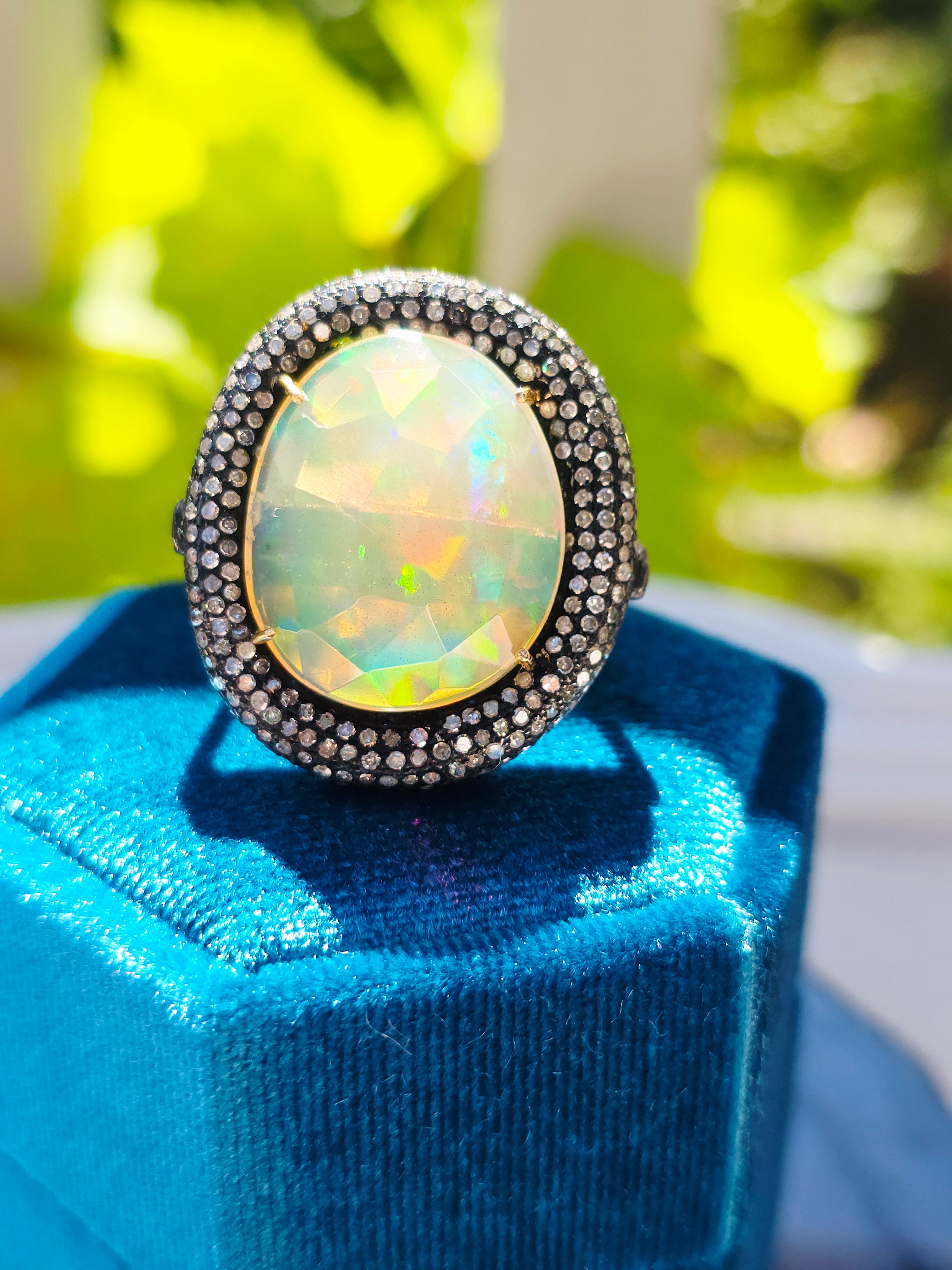 Black Rhodium Sterling Silver & 18k Gold Large Opal & Diamond Donut Halo Statement Ring sz 8 | Indulgems