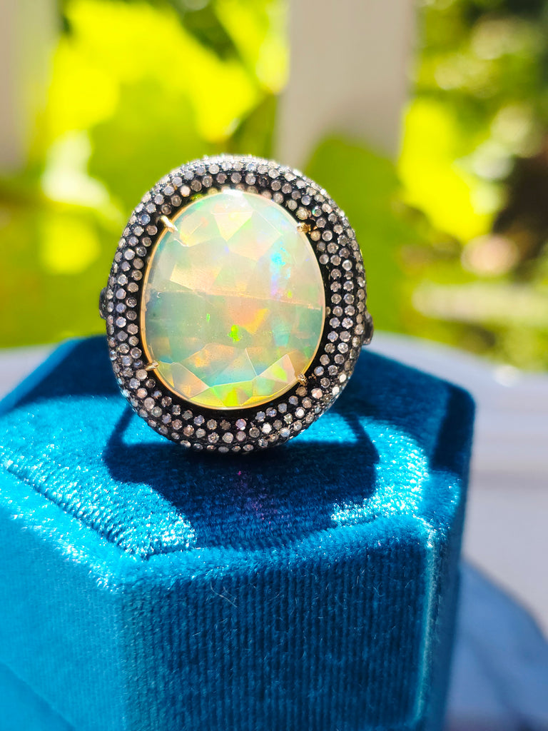 Black Rhodium Sterling Silver & 18k Gold Large Opal & Diamond Donut Halo Statement Ring sz 8 | Indulgems