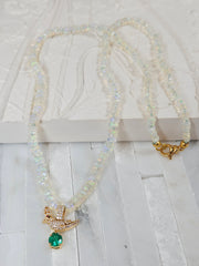 Ethiopian Opal Gemstone Bead Necklace with Crown Parrot Diamond Bird Penant Natural Emerald 20" 18K Yellow Gold