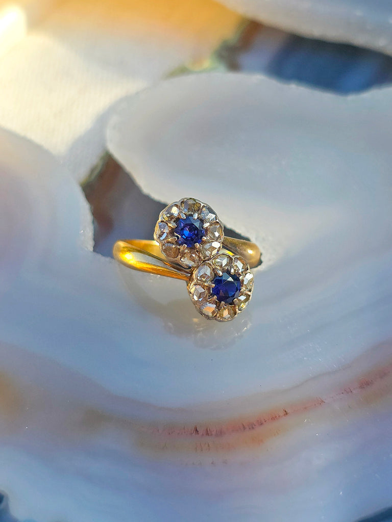 Antique 18k Gold Sapphire & Rose-Cut Diamond Ring size8.5 | Indulgems
