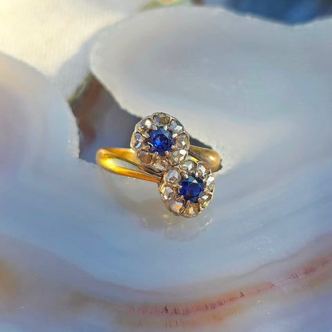 Antique 18k Gold Sapphire & Rose-Cut Diamond Ring size8.5 | Indulgems
