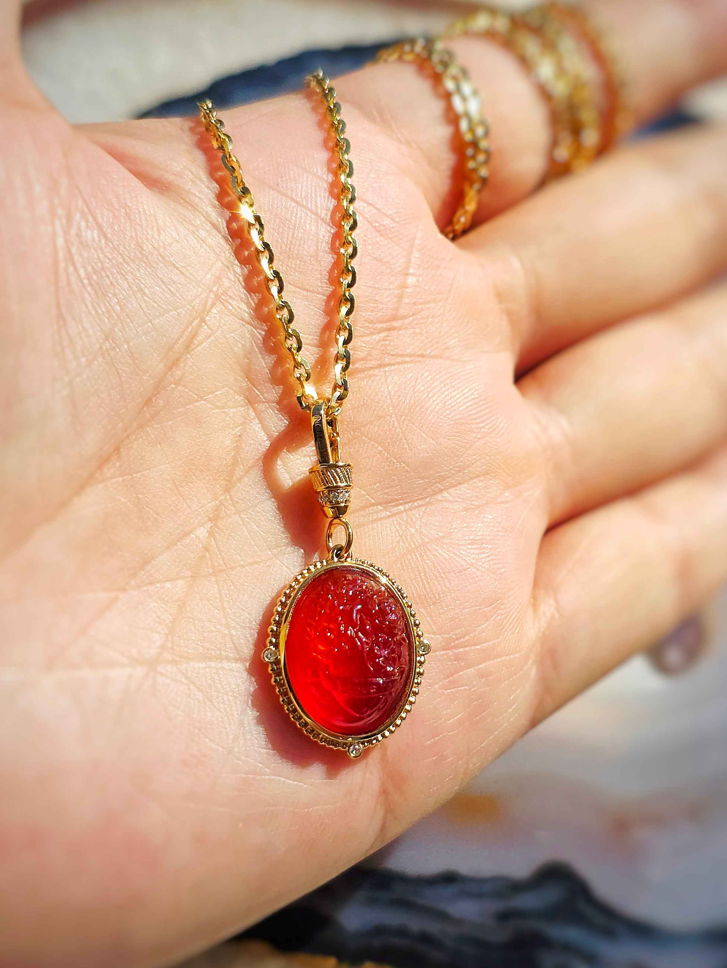18k Solid Gold Handcarved Red Agate Gemstone Pendant | I Love You | Blooming Heart Motif | Indulgems | Designs in Real Gold | Talisman Collection