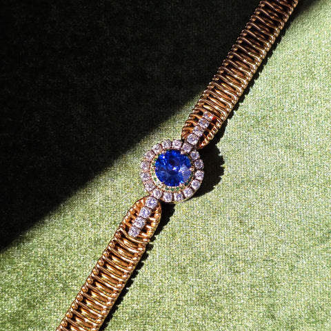 18k Solid Gold Vintage Jaeger Lecoultre Watch Ceylon Sapphire Bracelet | Indulgems