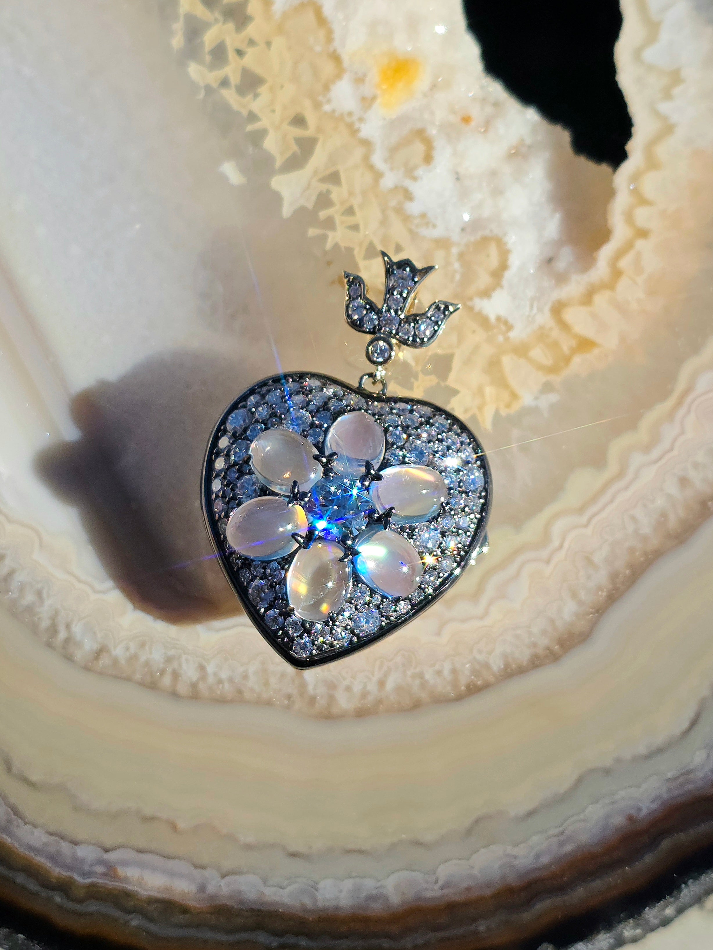 14k Yellow Gold & Sterling Silver Rainbow Moonstone Lab-grown Diamond Heart Locket Pendant | Indulgems