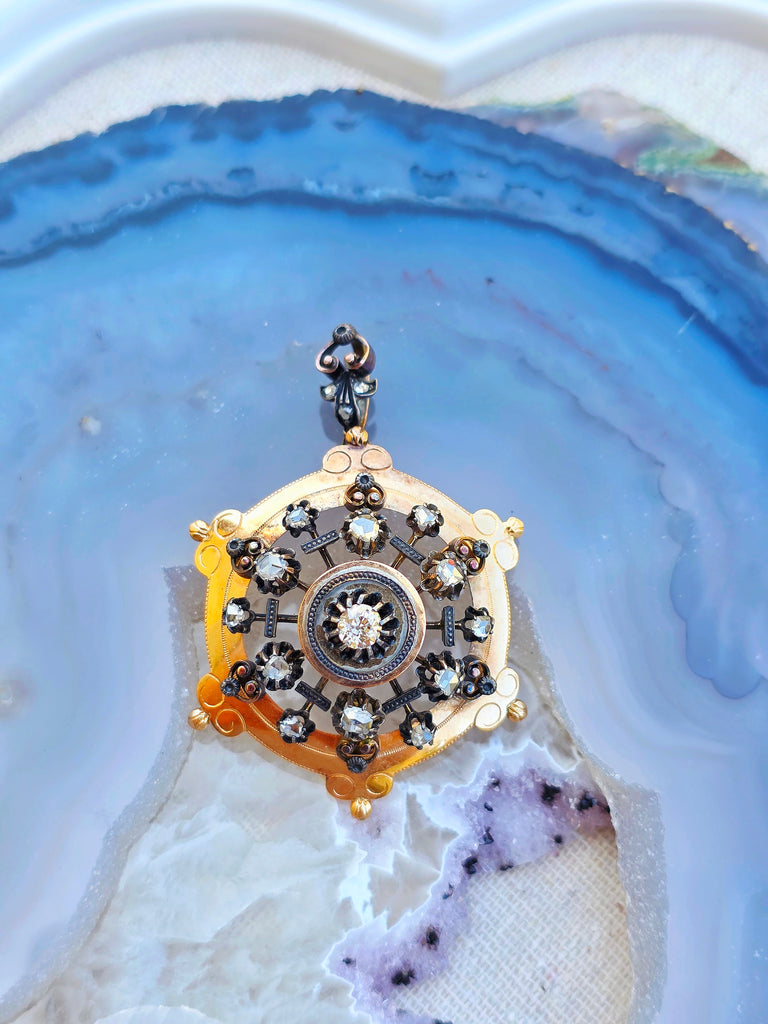 18k Solid Gold & Silver Antique Diamond Pendant | Indulgems