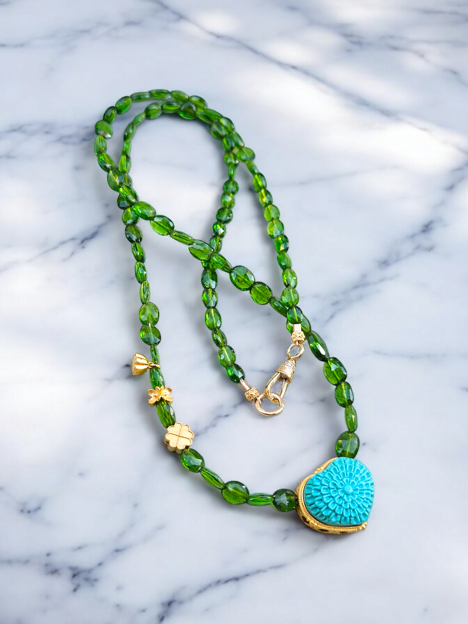 18K Yellow Gold Natural Green Gemstone Chrome Diopside Faceted Bead Necklace with Genuine Top Quality Turquoise Hand Carved Heart Pendant 17"