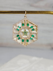 Emerald, Diamond, White Mother of Pearl Star Hexagon Gemstone Pendant 14K Yellow Gold