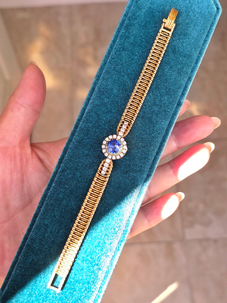 18k Solid Gold Vintage Jaeger Lecoultre Watch Ceylon Sapphire Bracelet | Indulgems