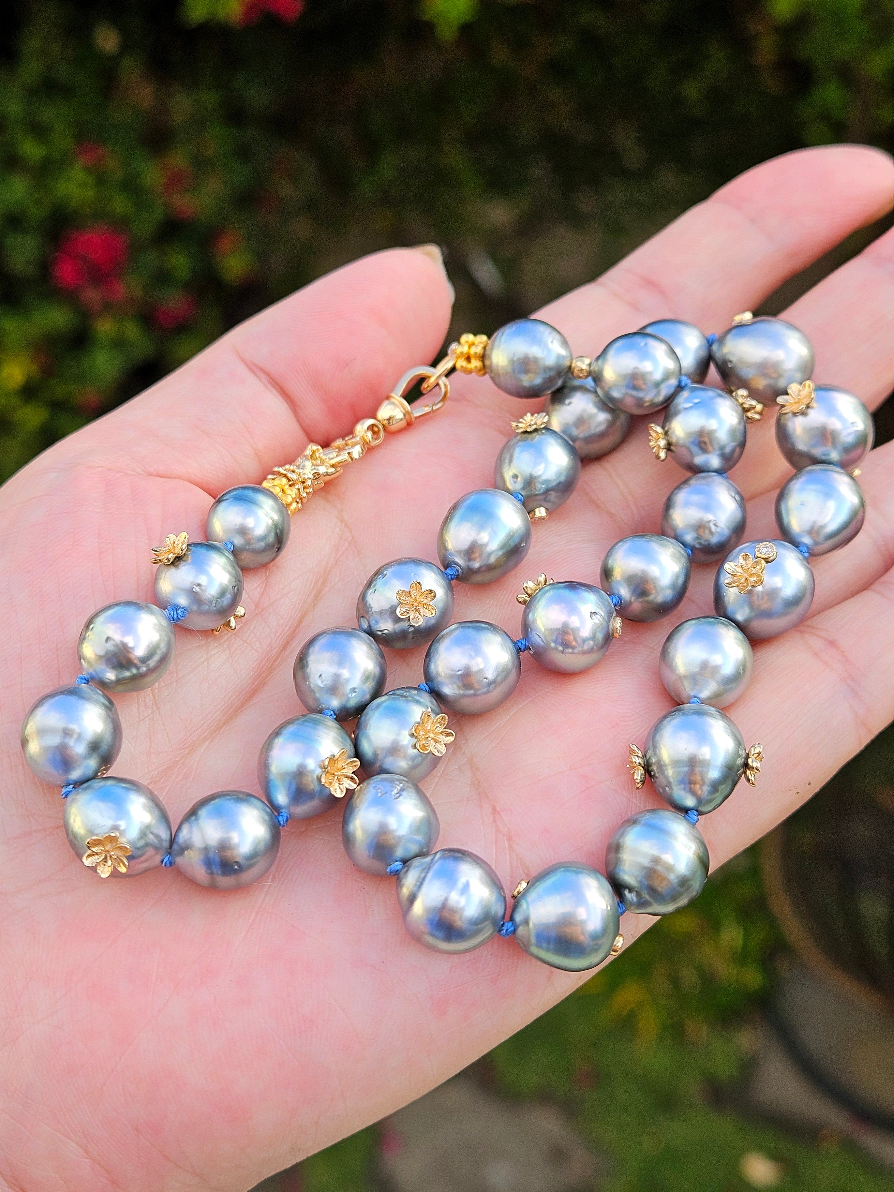 18K Solid Gold Natural Silver Tahitian Pearl Necklace with Small Flowers, Diamonds & Antique inspired Hand Fist Clasp 18"