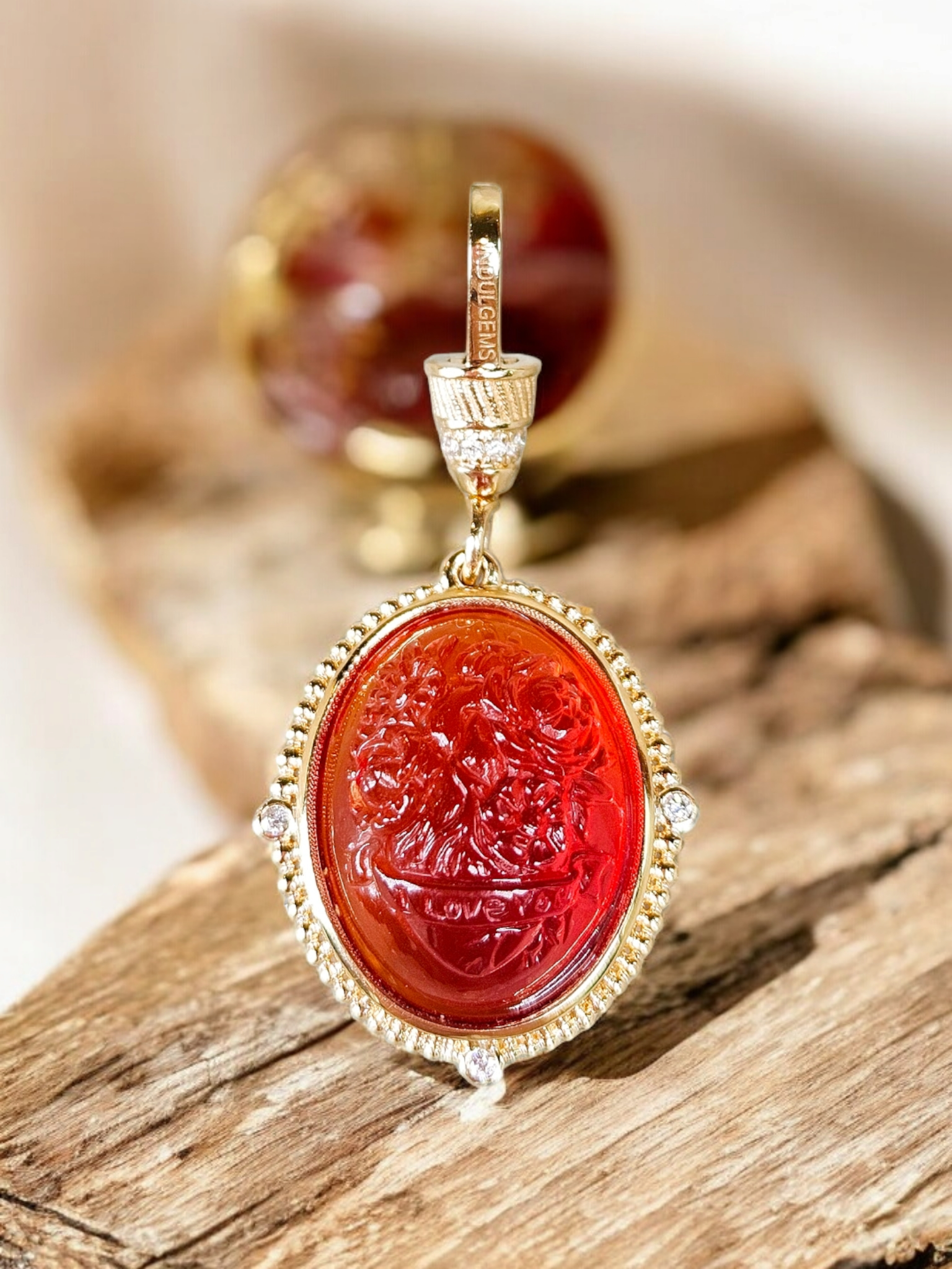 18k Solid Gold Handcarved Red Agate Gemstone Pendant | I Love You | Blooming Heart Motif | Indulgems | Designs in Real Gold | Talisman Collection