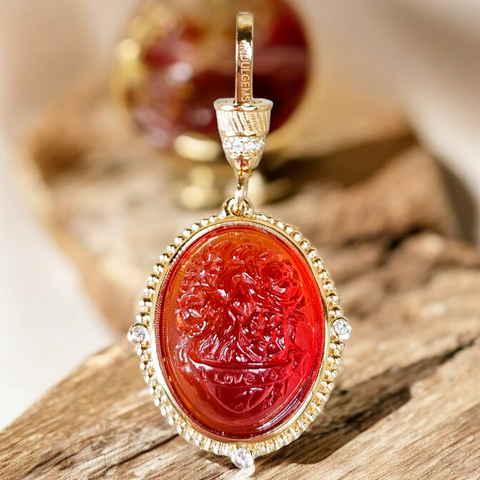 18k Solid Gold Handcarved Red Agate Gemstone Pendant | I Love You | Blooming Heart Motif | Indulgems | Designs in Real Gold | Talisman Collection