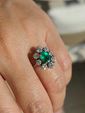 18k gold 2.5ct Colombian Emerald Diamond Daisy Diana Ring Vintage | Indulgems