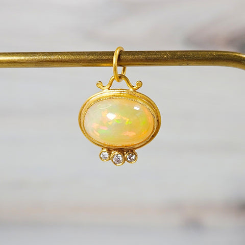 24K Gold Ethiopian Opal Gemstone Cabochon Pendant with Diamond