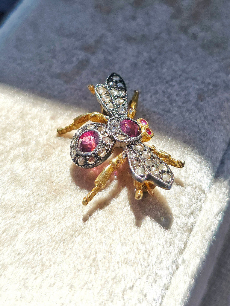 Antique 9k Gold & Silver Diamond and Garnet FLY Brooch | Indulgems