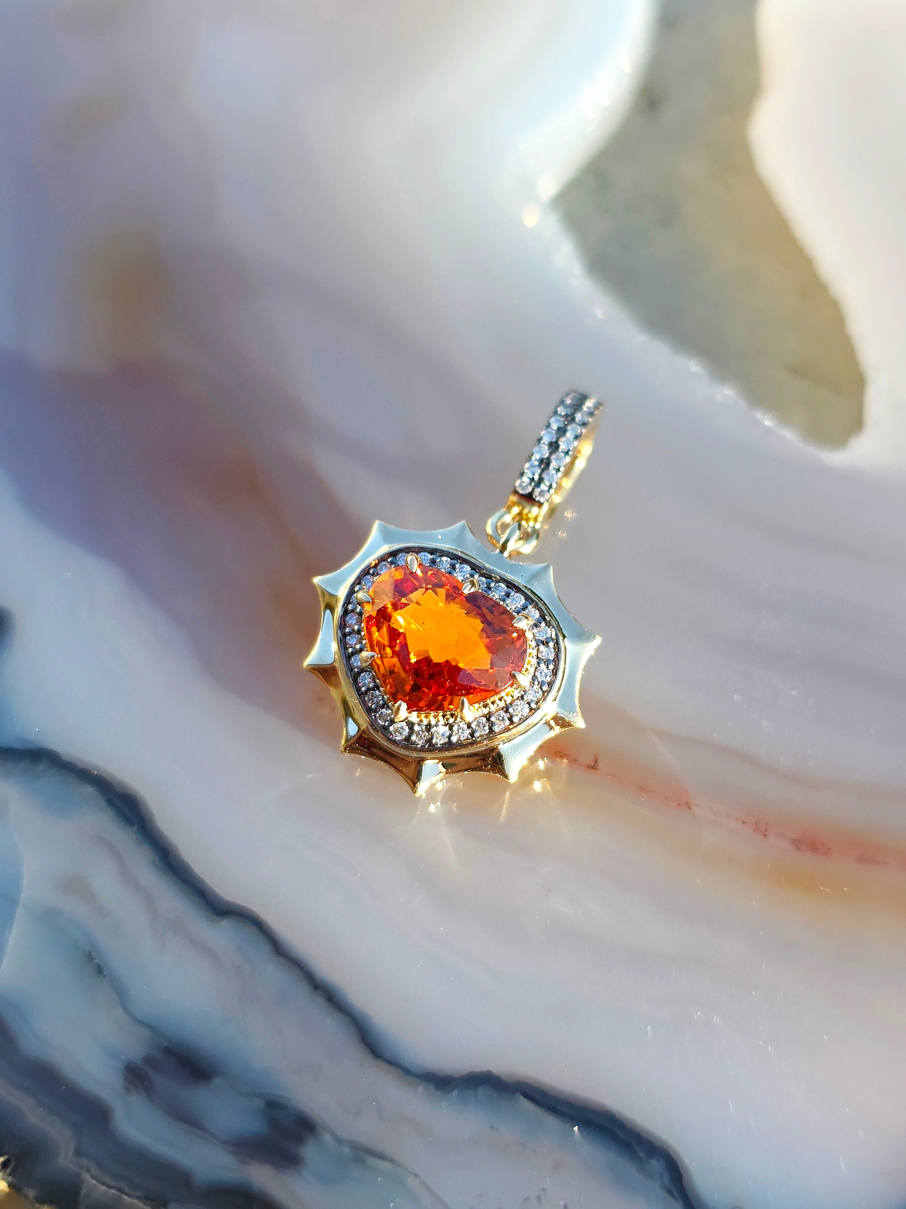 14k Yellow Gold Spessartite Fanta Garnet Gemstone Heart Aurora Halo Pendant | Indulgems