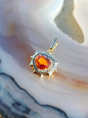 14k Yellow Gold Spessartite Fanta Garnet Gemstone Heart Aurora Halo Pendant | Indulgems