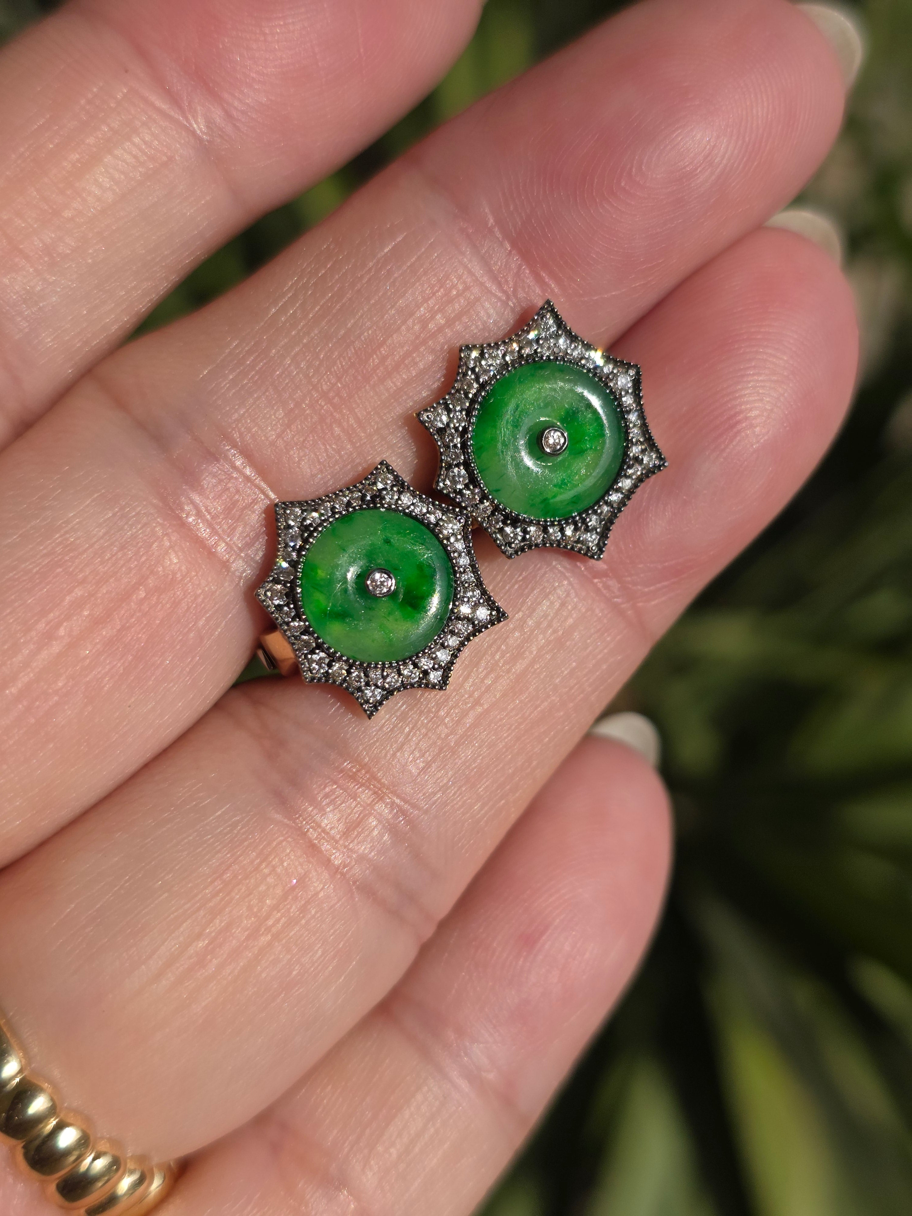 14k Yellow Gold Burmese Jadeite Donut Diamond Earrings | Indulgems