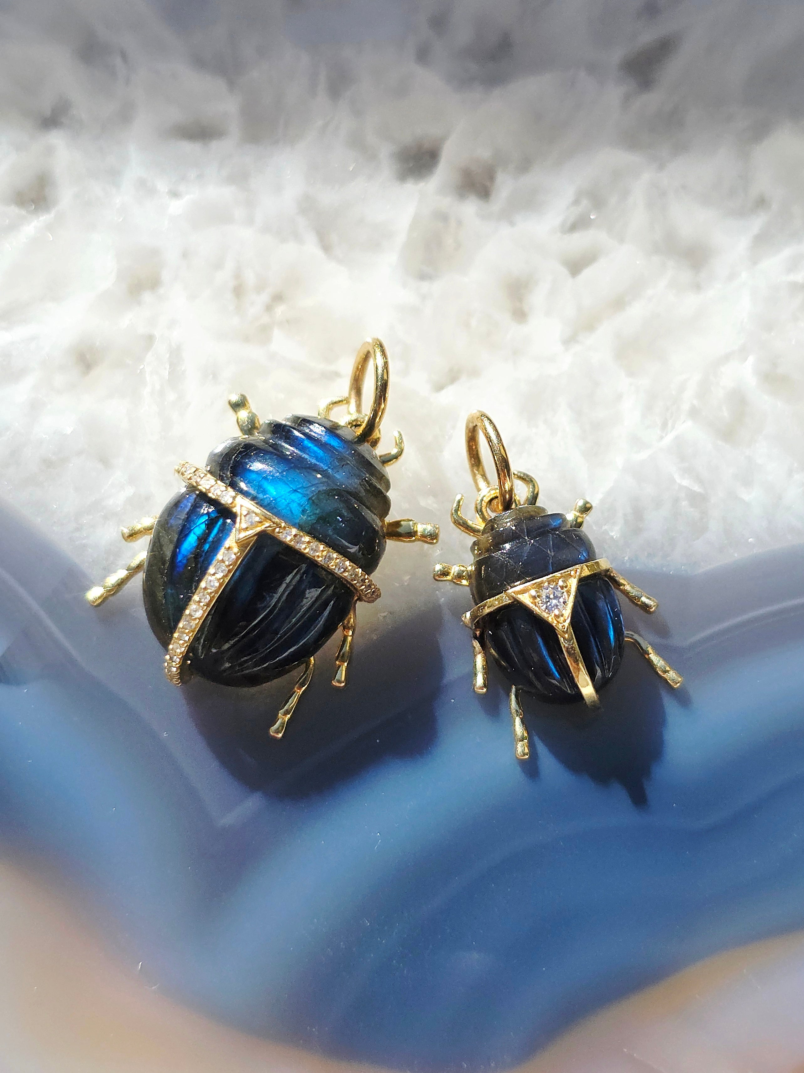 14k Yellow Gold Gemstone Carving Scarab Beetle Charm Pendant with Diamond Accent | Indulgems