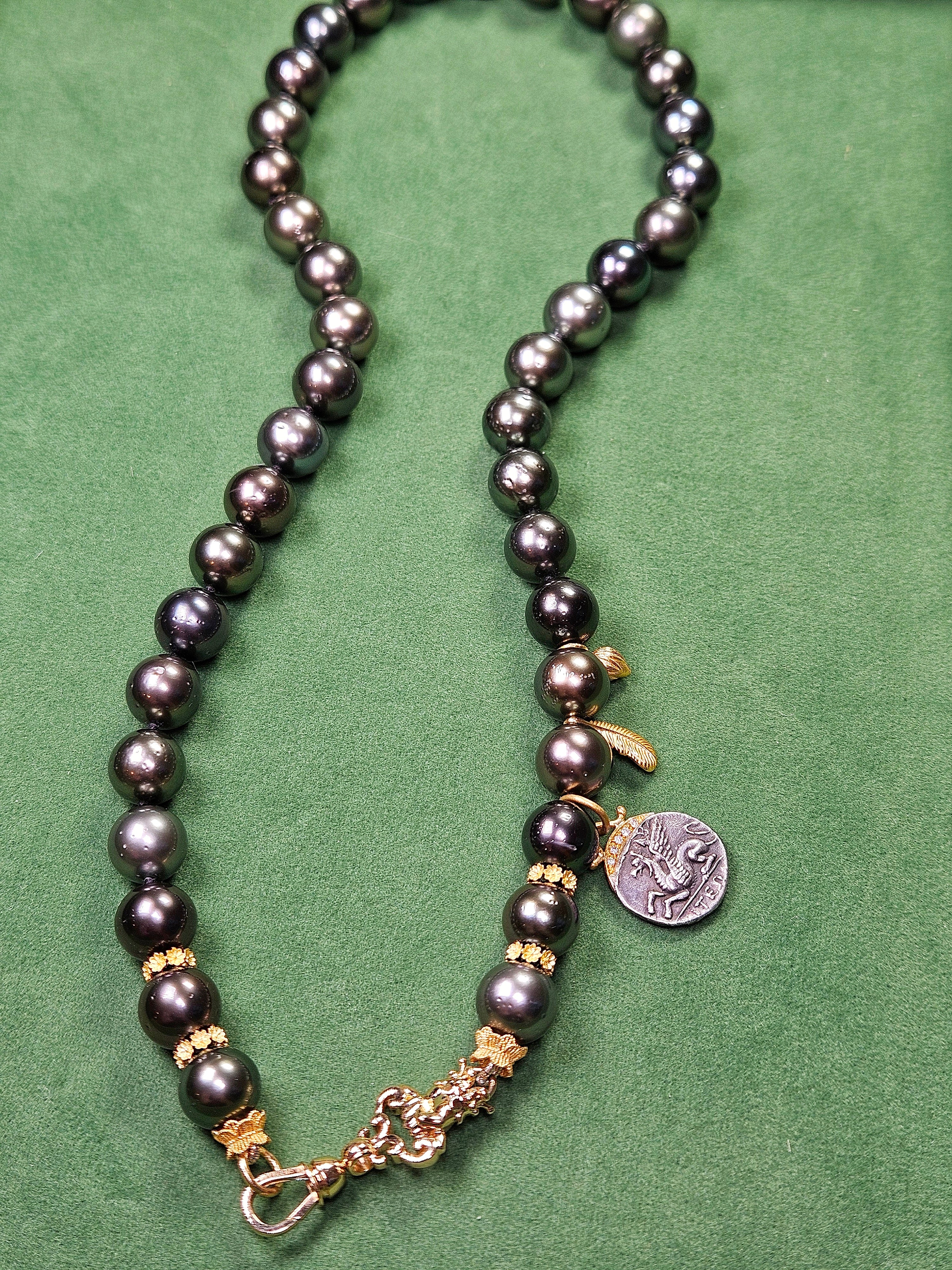 18k Solid Gold Tahitian Pearl Necklace with 3 Charms Oxidized Sterling Silver Coin in 24k Gold