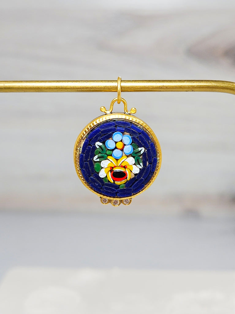 24K Gold Micro Mosaic Pendant with Diamond & Sterling Silver - Blue Flower