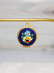 24K Gold Micro Mosaic Pendant with Diamond & Sterling Silver - Blue Flower