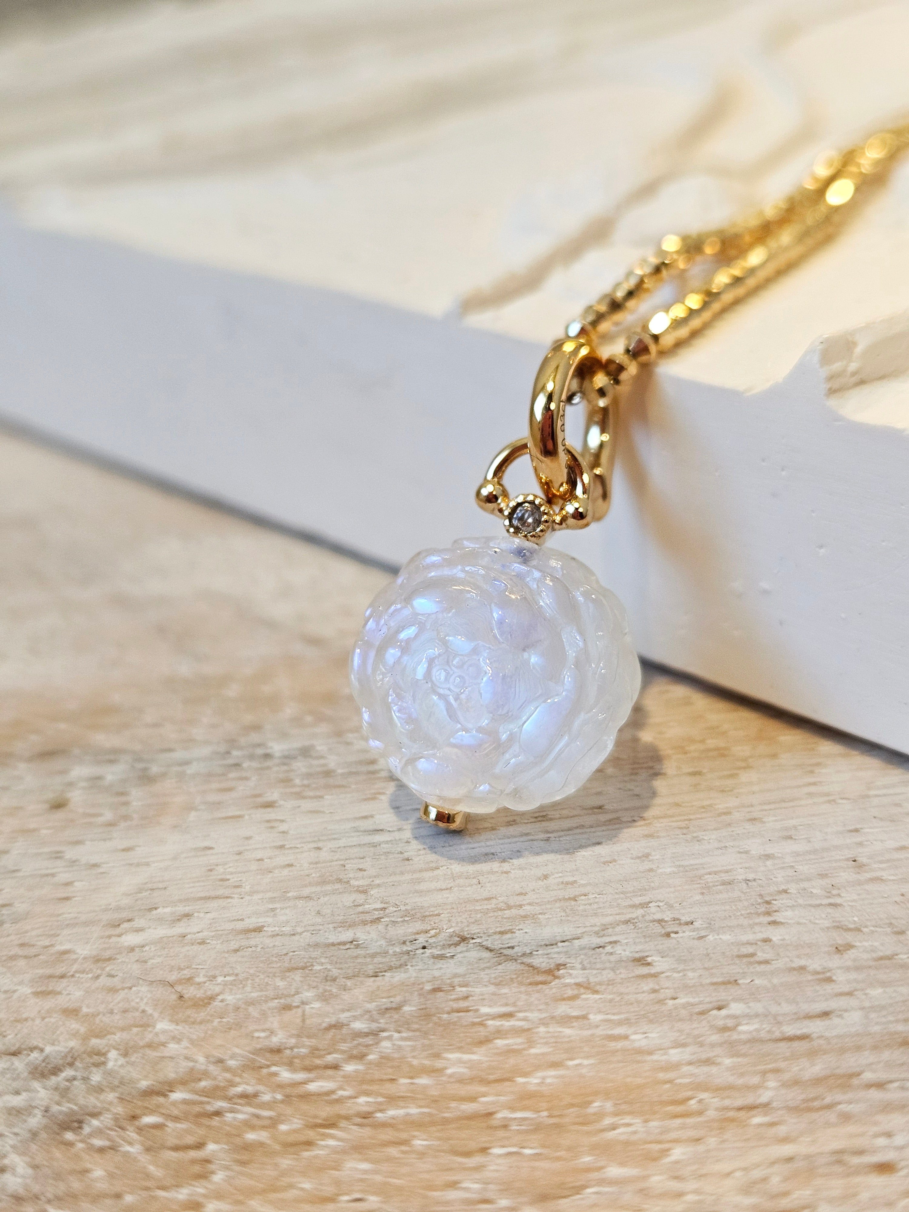 18K Yellow Solid Gold Hand Carved Rainbow Moonstone Peony Flower Ball Charm Pendant | Indulgems | Designs in Real Gold