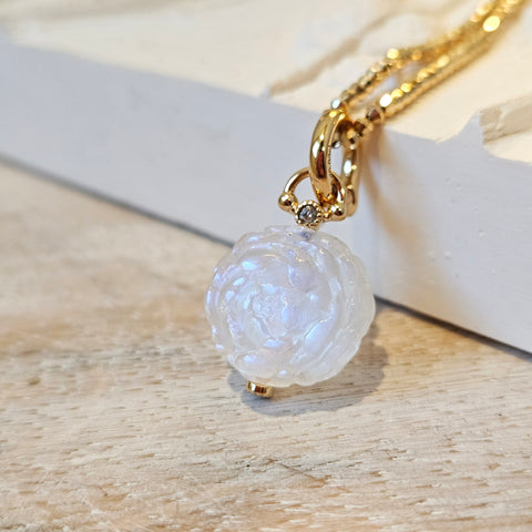 18K Yellow Solid Gold Hand Carved Rainbow Moonstone Peony Flower Ball Charm Pendant | Indulgems | Designs in Real Gold