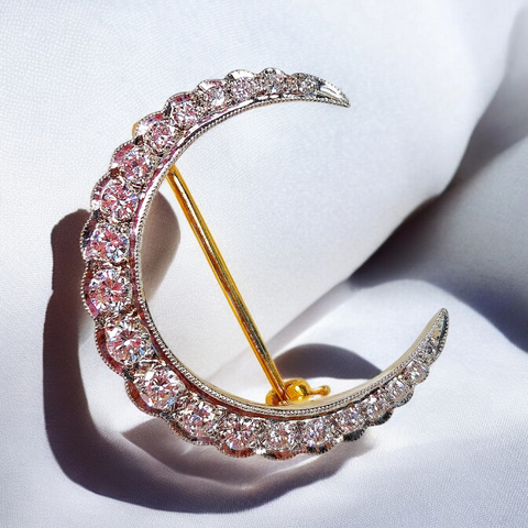 14k Gold Diamond Crescent Moon Brooch | Indulgems