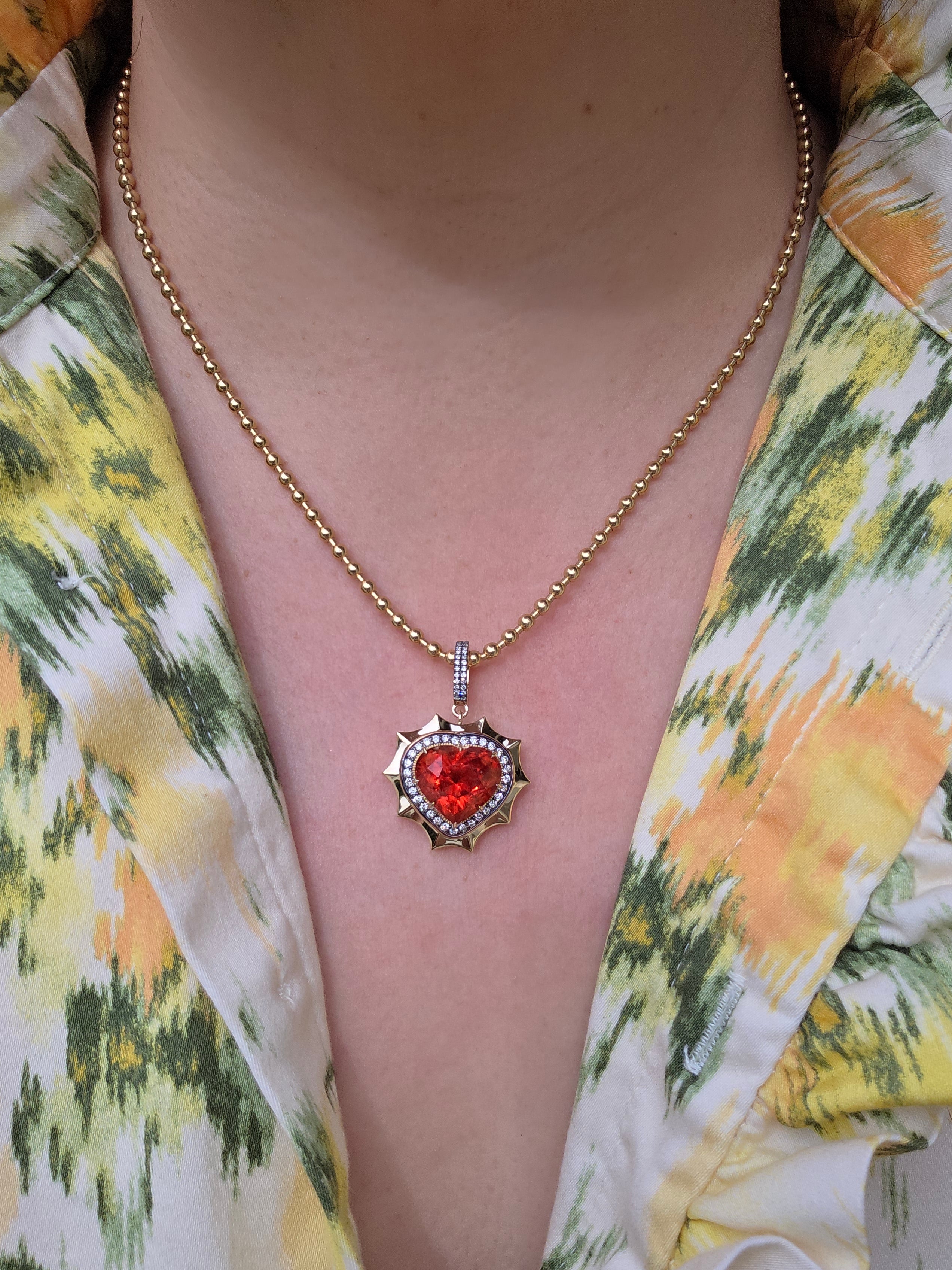 14k Yellow Gold 15ct Mandarin Garnet Heart Aurora Halo Pendant | Indulgems