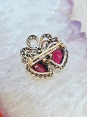 14k Gold & Silver Victorian Antique Double Heart Garnet and Diamond Brooch | Indulgems
