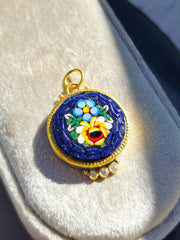 24K Gold Micro Mosaic Pendant with Diamond & Sterling Silver - Blue Flower