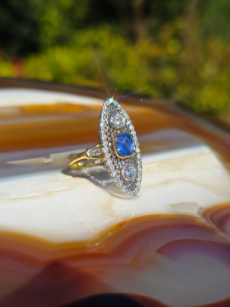 18k Yellow Gold & Platinum Cornflower Blue Sapphire Diamond Navette Ring Size 8 | Indulgems | Antique Vintage