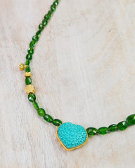 Natural Green Gemstone Chrome Diopside Faceted Bead Necklace with Genuine Top Quality Turquoise Hand Carved Heart Pendant 18K Yellow Gold 17"